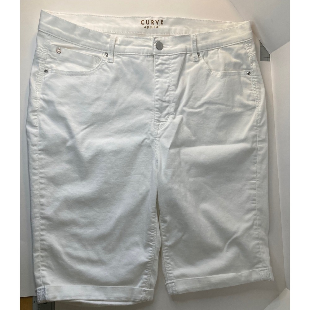 Womens Curve Appeal White Bermuda Denim Shorts 18 Cotton Rayon Polyester Spandex